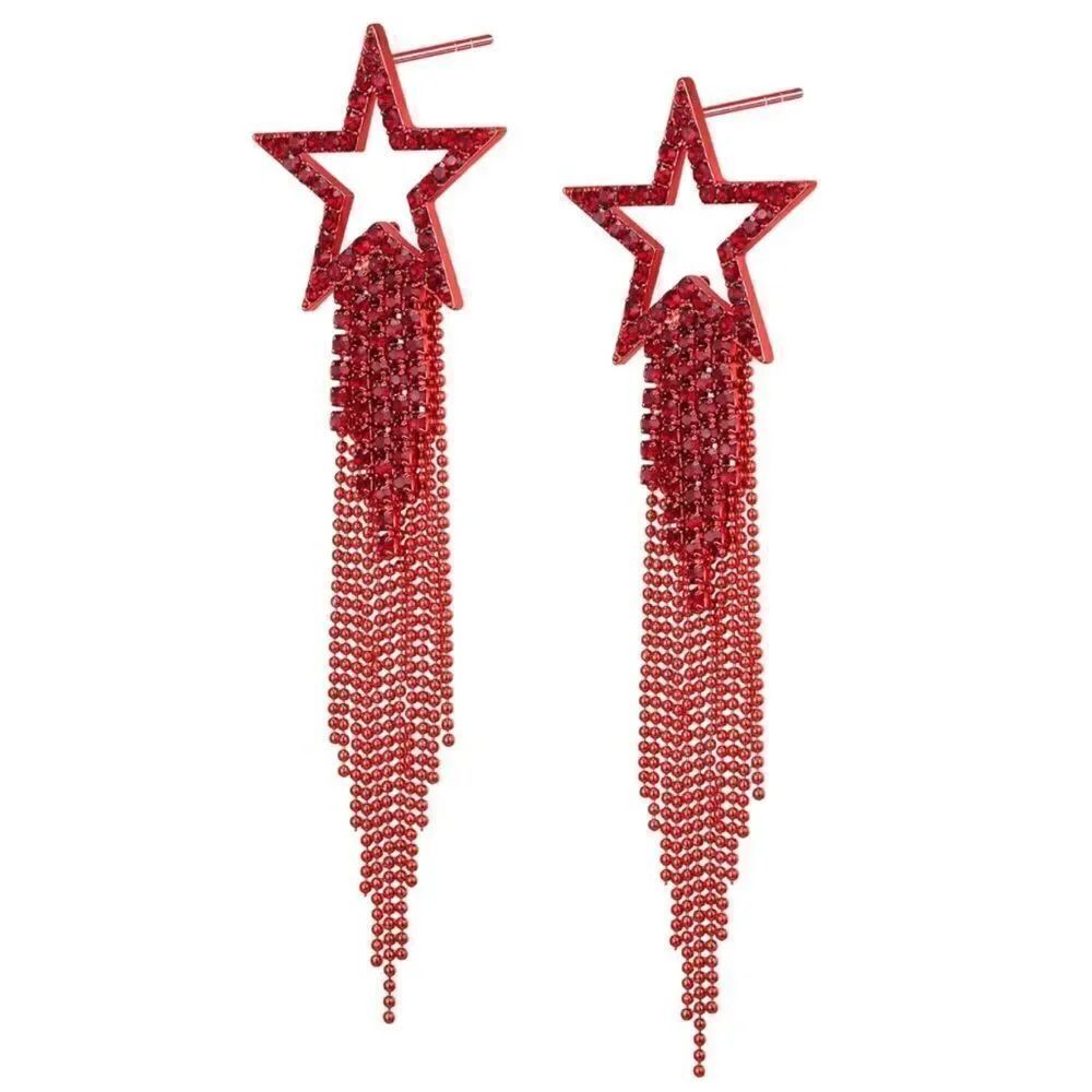 Red with Ruby Red Crystal Star Beaded Tassel Post Back Dangling Drop Earrings